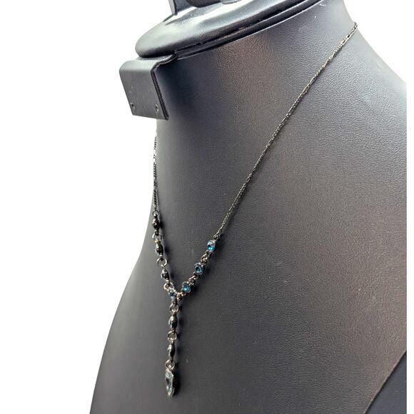 Gun Metal 'Y' Drop Blue Austrian Crystal U.S.A. Heart Chain 16" Necklace - Picture 2 of 7